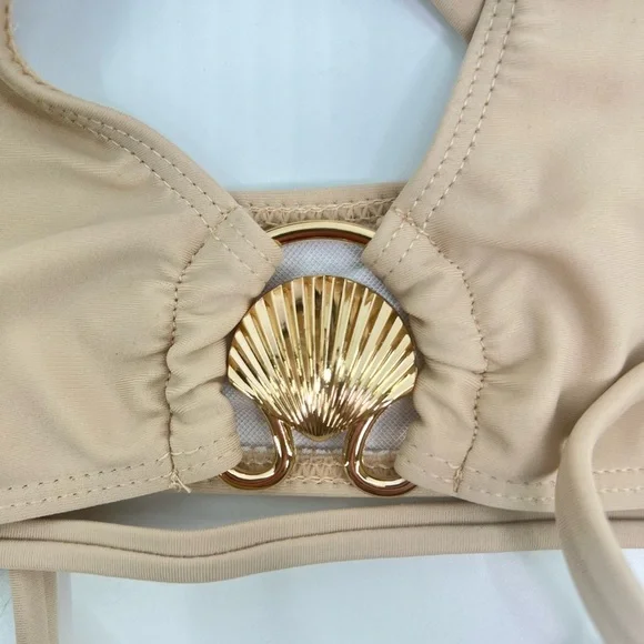 NWT PrettyLittleThing Beige Tan Stone Halter Neck Shell Trim Bikini Top UK4 US0 - Picture 9 of 10